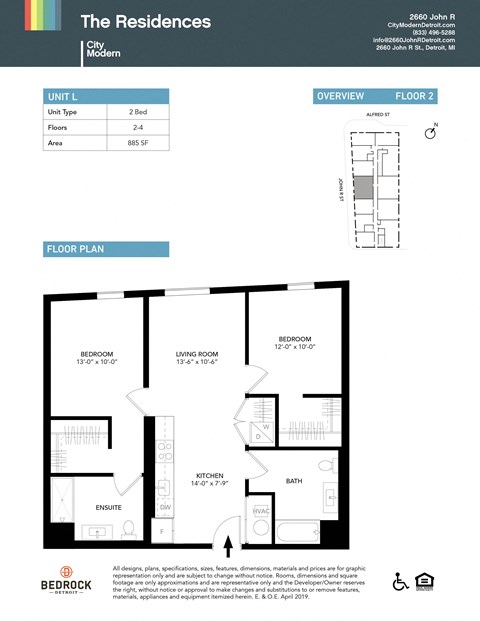 Floor plan for 2 beds, 2 baths, 885 sqft
